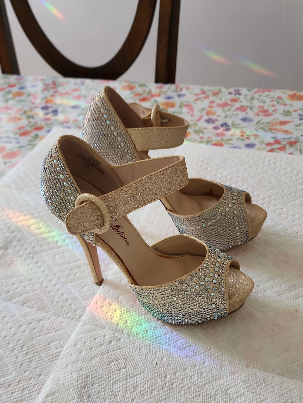 De Blossom Collection Gold Jeweled Peep-Toe Platform Heels